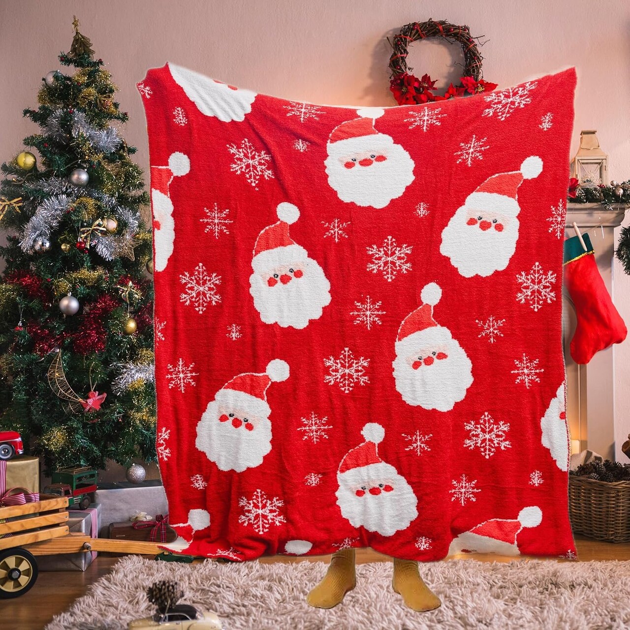 Red Santa Claus Christmas Throw Blanket, Soft Warm Cozy Reversible Fuzzy Fleece Holiday Blanket Gift for Kids Girls Adults Blankets for Sofa Bed Living Room Couch Decor Bedding Throw, 51x63 inches